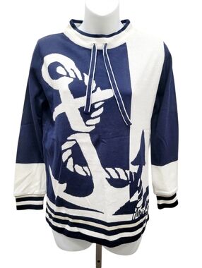 Olsen Navy Blue & White Sweater Top Size: M